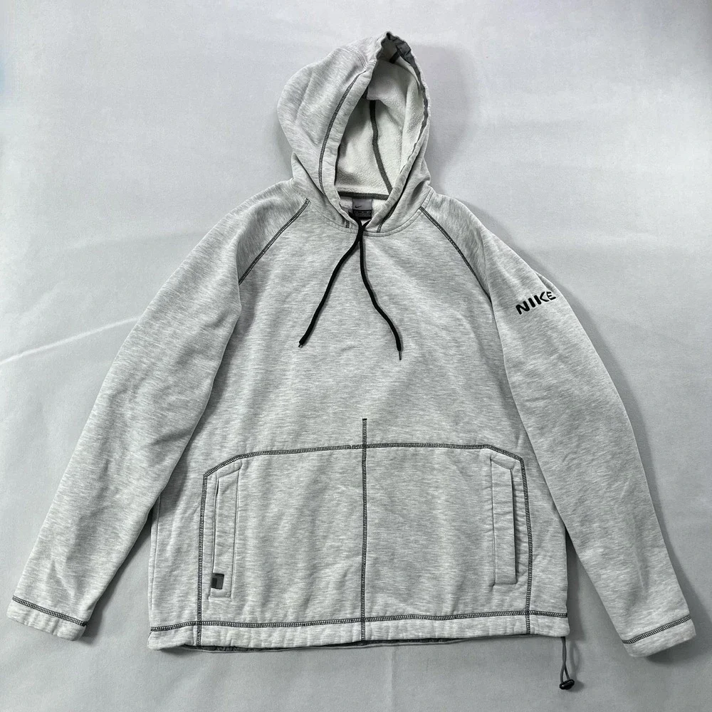 Y2K Nike Hoodie Mens XL Gray Fleece Kangaroo Pocket Pullover Arm Spell Out